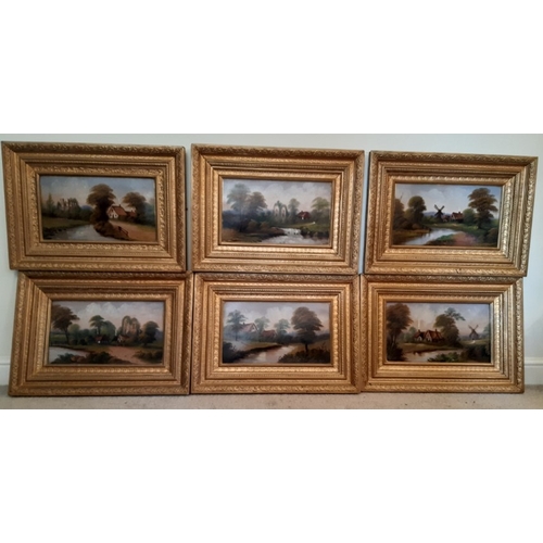 1 - Set of six Victorian oleographs of various cottage scenes in ornate gilt frames. 41cm x 23cm inside ... 