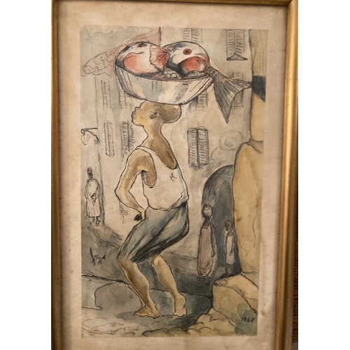 10 - Watercolour of a boy carrying fish, unsigned, dated 1968. 27cm x 16cm within mount.