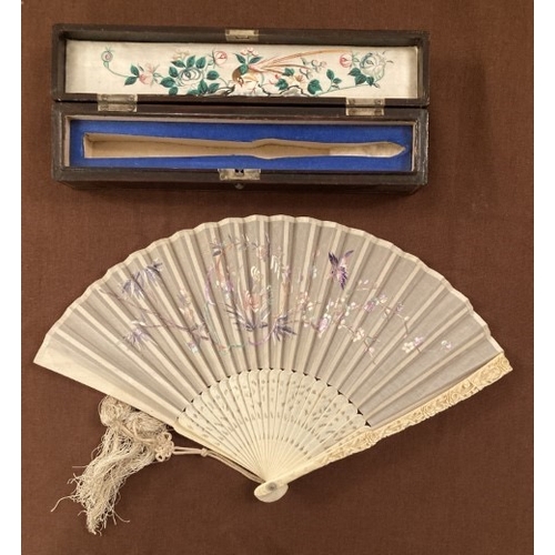 123 - Early oriental fan embroidered in silk with birds and flowers in fitted case