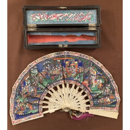 124 - Early oriental fan, watercolour scenes painted on paper in fitted case with gilded painted pattern