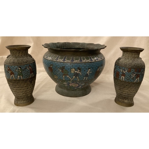 128 - Early classone jardinière with two matching vases, one vase a/f to base