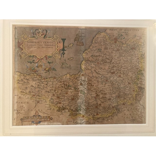 13 - Early framed and hand painted book plate map, Somerset, in later frame 38cm x 28cm inside mount.