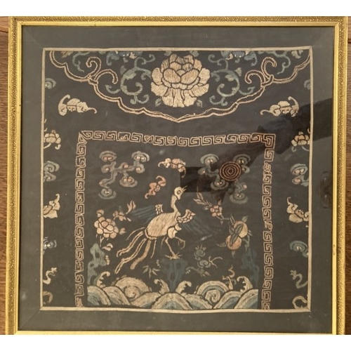 14 - Early silk embroidery in a later frame, 36cm x 34cm inside mount.