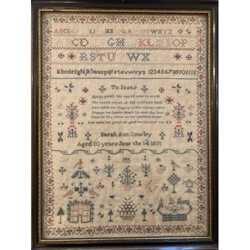 15 - Framed needlework 'To Jesus' by Sarah Ann Crowley ages 10, June 14th 1831, 44cm x 33cm inside frame.