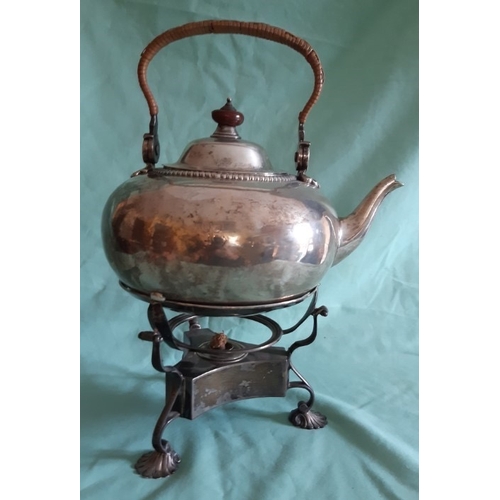 150 - HM silver spirit kettle and stand with burner. Clear HM to stand, very worn marks to kettle but appe... 