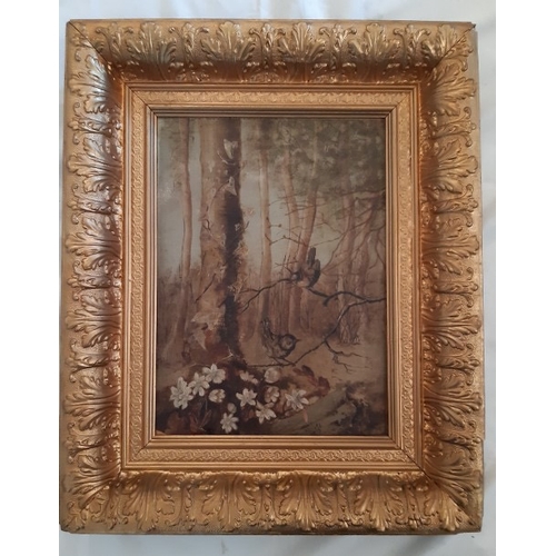 2 - Early oil on canvas of birds in a forest scene signed Hitell, 1893, slight paint missing above signa... 