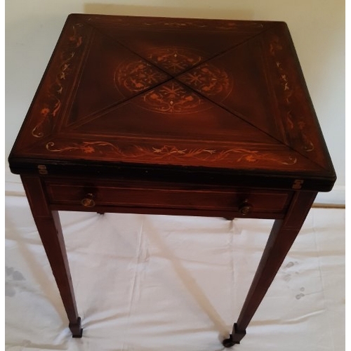 24 - Victorian inlaid mahogany handkerchief card table with drawer. Leaf lifting button missing. 52cm sq ... 