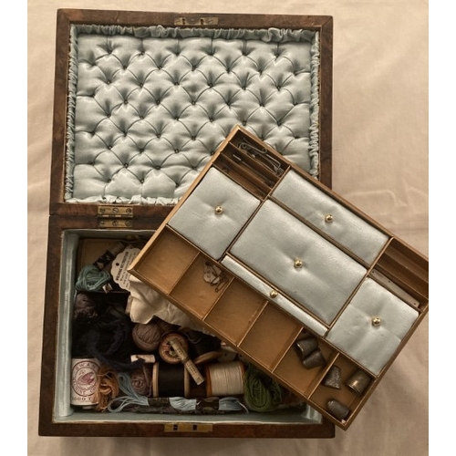 36 - Early burr walnut sewing box and contents with quilted lining, 30cm W x 23cm L x 13cm D.