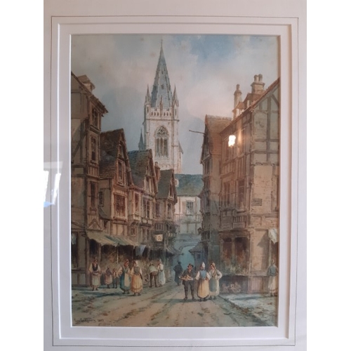 8 - Framed watercolour of Tudor street scene in gilt frame, signed Geo Gregory 1899. 35cm x 25 cm approx... 