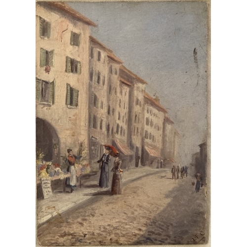 9 - An intricately painted unframed oil on board of a French street scene, initialled by artist L.F.C. 2... 