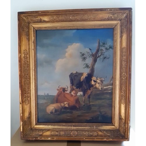 18 - Early unsigned oil on board of cattle in gilt frame, 34cm x 29.5cm without frame, labelled verso.