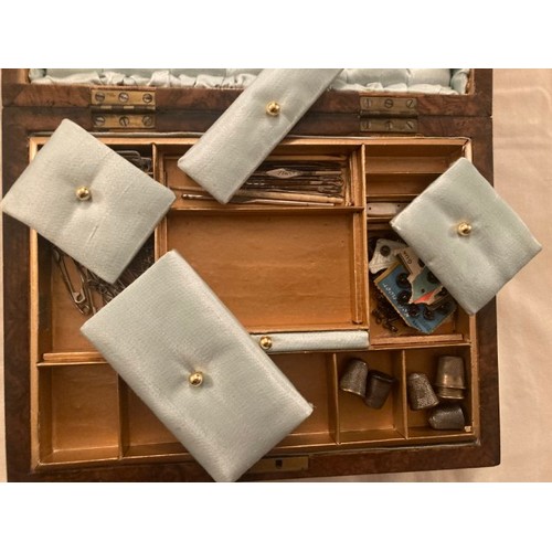 36 - Early burr walnut sewing box and contents with quilted lining, 30cm W x 23cm L x 13cm D.