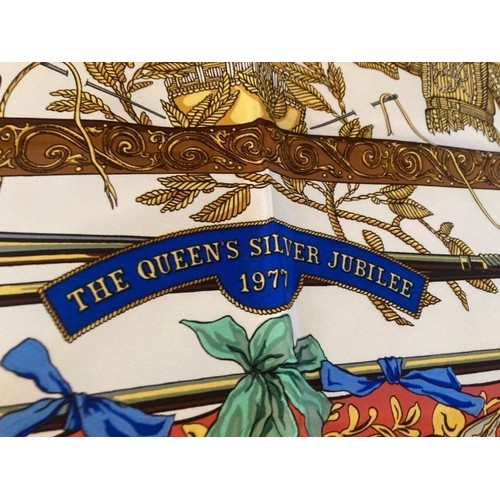 64 - 1977 Hermes silk scarf depicting Queen's Jubilee with original Hermes pouch, 90cm square.