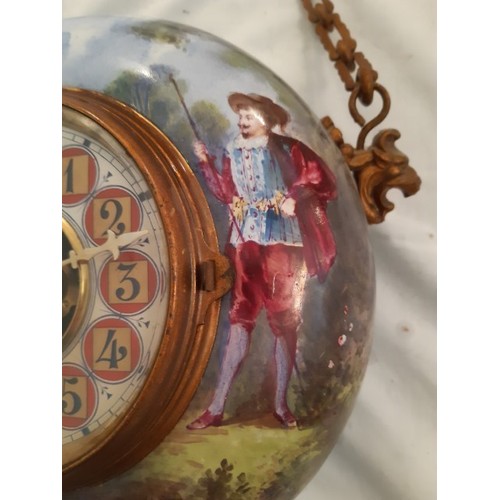 70 - A ceramic hand painted wall clock, missing top decorative garniture, 30cm D approx.