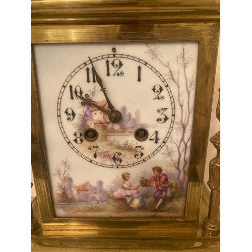 73 - 20th century brass mantle clock with painted porcelain dial, striking on a gong, 36cm H x 21cm W x 1... 