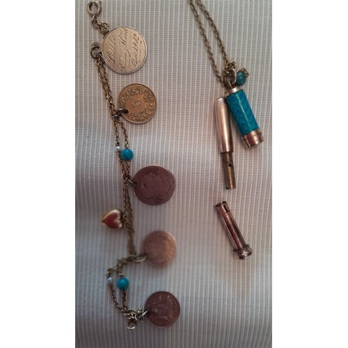 105 - Two necklaces and a bracelet consisting of seed pearls and turquoise beads. Bracelet contains five w... 