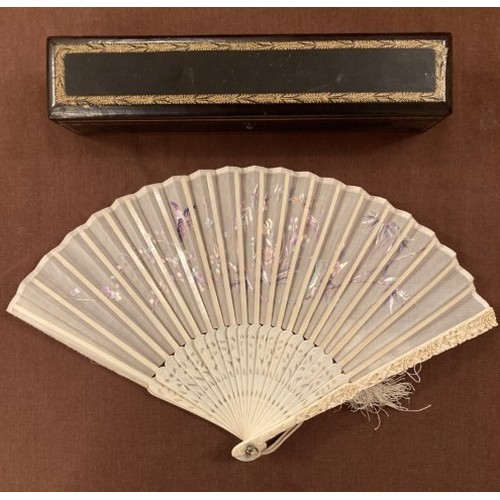 123 - Early oriental fan embroidered in silk with birds and flowers in fitted case