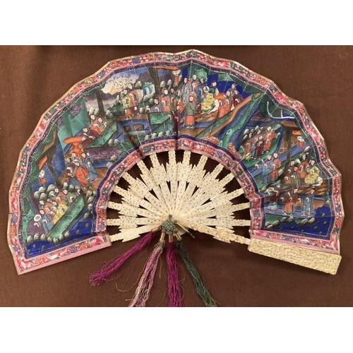 124 - Early oriental fan, watercolour scenes painted on paper in fitted case with gilded painted pattern