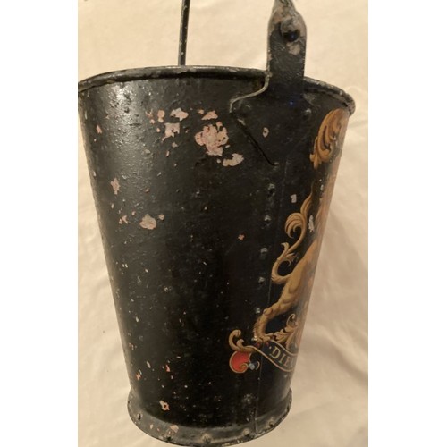 133 - Early metal fire bucket with heraldic crest of unknown family motto reads 'Honi shot Male sense' and... 