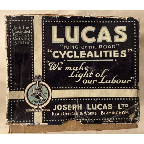 134 - A parcel to include a rare find, as new, totally unused Lucas No.300B silver King cycling lamp with ... 