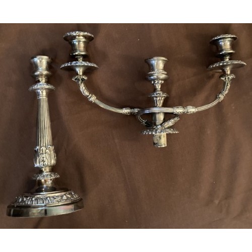 135 - An early silver plated three armed candelabra, 55cm H x 32cm W