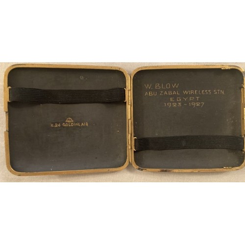 141 - Yellow metal cigarette case with Egyptian style gilt engravings. Inscribed internally W.Blow, Abu Za... 