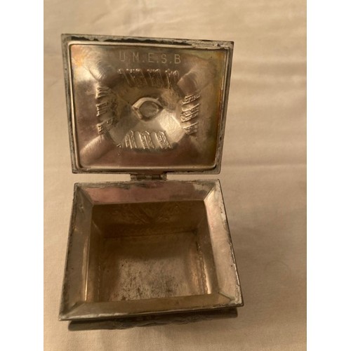 142 - Small HM silver lidded box on ball feet inscribed inside lid U.M.E.S.B., 10cm H x 8cm L x 7cm W, 170... 