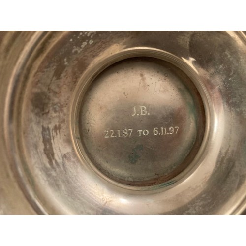 146 - HM silver comport inscribed under foot, 25cm diameter