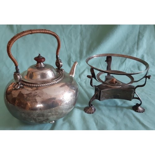 150 - HM silver spirit kettle and stand with burner. Clear HM to stand, very worn marks to kettle but appe... 