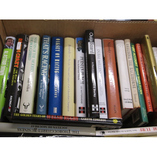 1012 - TWO BOXES CONTAINING 58 BOOKS RELATING TO HORSE RACING TO INCLUDE RACING CRAZY BY RACING POST, EIGHT... 