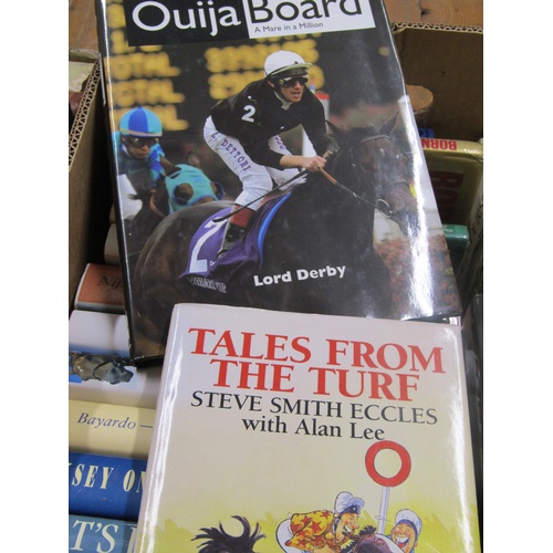 1012 - TWO BOXES CONTAINING 58 BOOKS RELATING TO HORSE RACING TO INCLUDE RACING CRAZY BY RACING POST, EIGHT... 