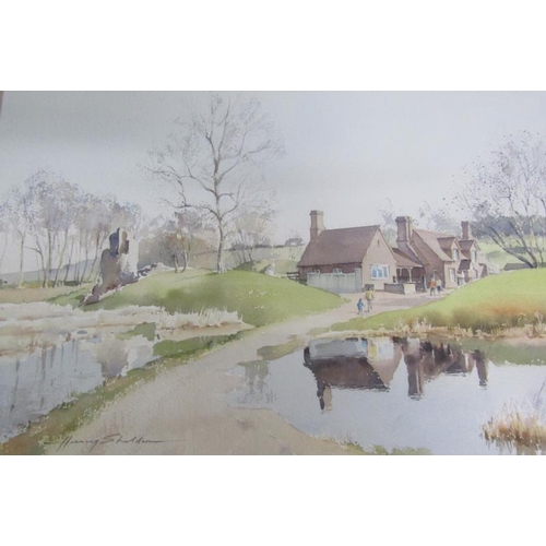 396 - Harry Sheldon - The Castle in Flood, Berkhamsted, signed, watercolour, framed and glazed, 27cm x 41c... 