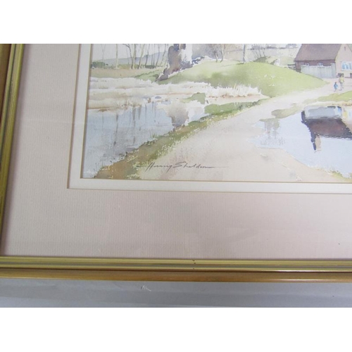 396 - Harry Sheldon - The Castle in Flood, Berkhamsted, signed, watercolour, framed and glazed, 27cm x 41c... 