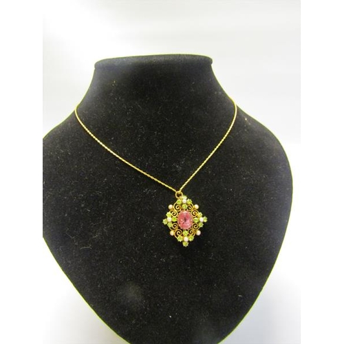 194 - An 18ct gold Pink Sapphire and Seed Pearl pendant necklace together with earrings.