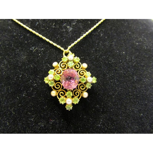 194 - An 18ct gold Pink Sapphire and Seed Pearl pendant necklace together with earrings.