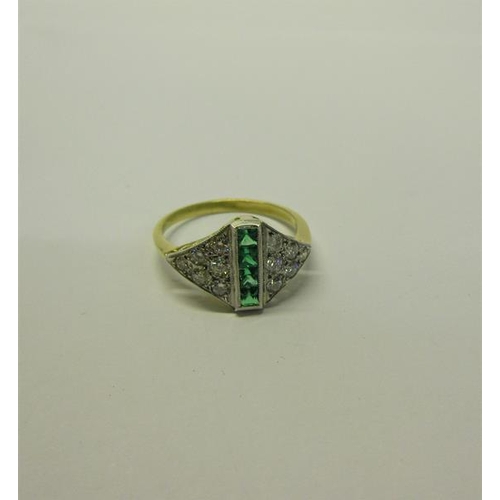 195 - A Gold Diamond and Emerald art deco style ring - ring size L/M.