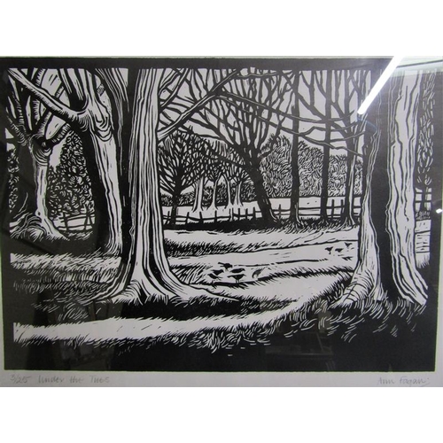 434 - Anne Fagan - Under the trees, black and white lino cut 3/25, signed and titled in pencil, framed and... 