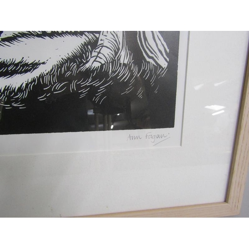 434 - Anne Fagan - Under the trees, black and white lino cut 3/25, signed and titled in pencil, framed and... 