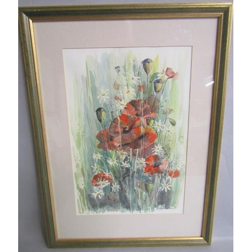 462 - Edwina Woodcock - Poppies, watercolour.  Signed, framed and glazed 33cms x 23cms.