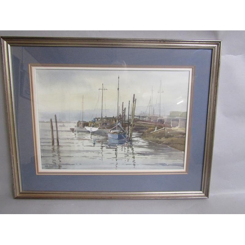 465 - Keith Burtenshaw - boat moorings, Benfleet, watercolour.  Signed, framed and glazed 37cms x 53cms.