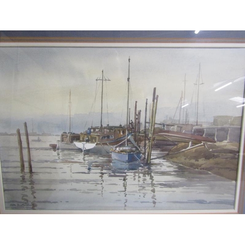 465 - Keith Burtenshaw - boat moorings, Benfleet, watercolour.  Signed, framed and glazed 37cms x 53cms.