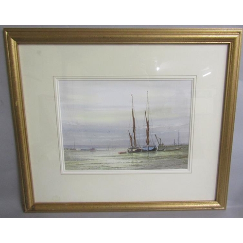 467 - Alan Whitehead - beached sailing vessels at the quayside, watercolour.  Signed, framed and glazed 25... 