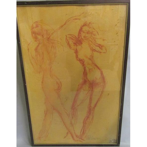 471 - Tom Merrifield - A sketch of two nude females in a wind swept location, framed and glazed, 76cms x 5... 