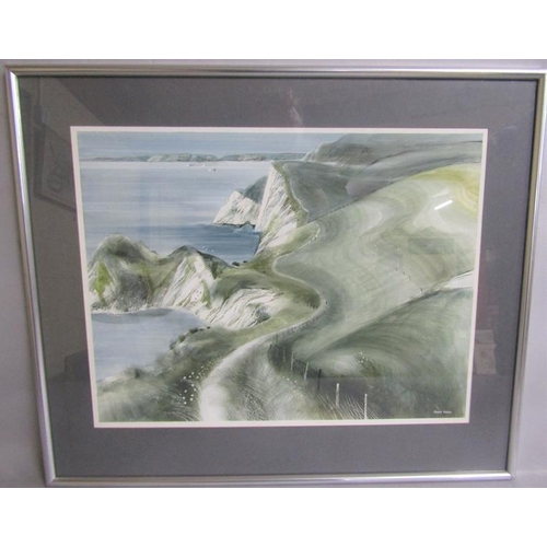 477 - Ronald Maddox - Coast past towards Bats Head, Dorset, signed, watercolour, framed and glazed, 37cms ... 