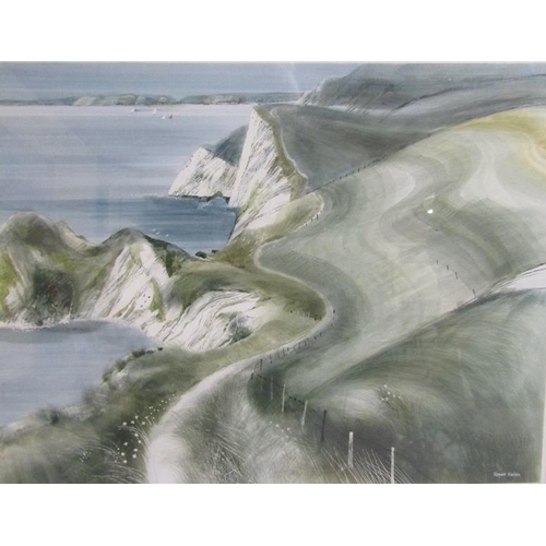 477 - Ronald Maddox - Coast past towards Bats Head, Dorset, signed, watercolour, framed and glazed, 37cms ... 