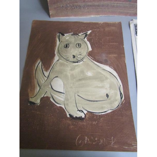 479 - Charles Gassner 1915/1977 - Two double sided watercolours, a seated cat with contemporary pattern ov... 