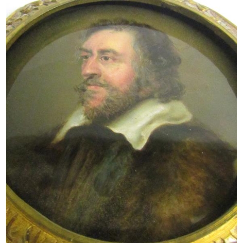 128 - A 19c miniature oil on porcelain panel, portrait of a gentleman with beard and wearing a fur coat.  ... 