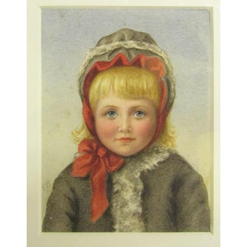 131 - Mono EVS - 19c miniature watercolour portrait of a young lady wearing a Winter hat, trimmed with red... 