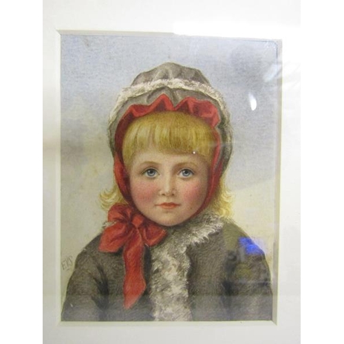 131 - Mono EVS - 19c miniature watercolour portrait of a young lady wearing a Winter hat, trimmed with red... 