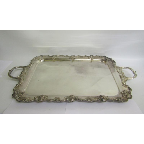 324 - A late 19/early 20c two handled wine tray with a raised border, decorated with fruiting vine.  70cms... 